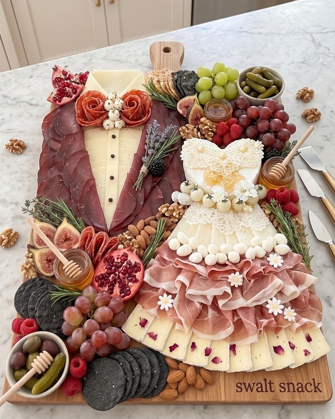 Charcuterie board arranged as a wedding couple with meats, cheeses, and fruits.