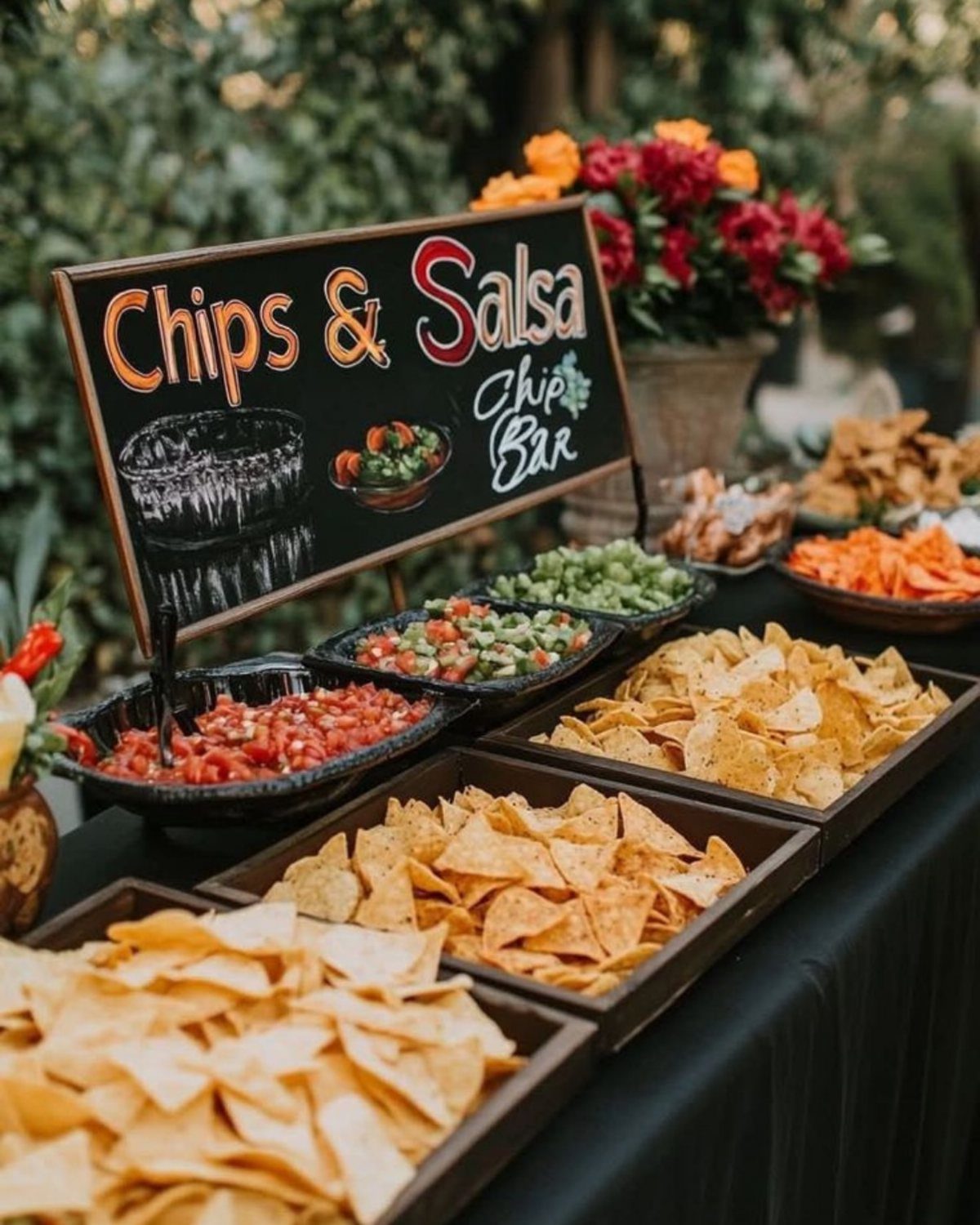 Chips and salsa bar with tortilla chips and various salsas on a table.