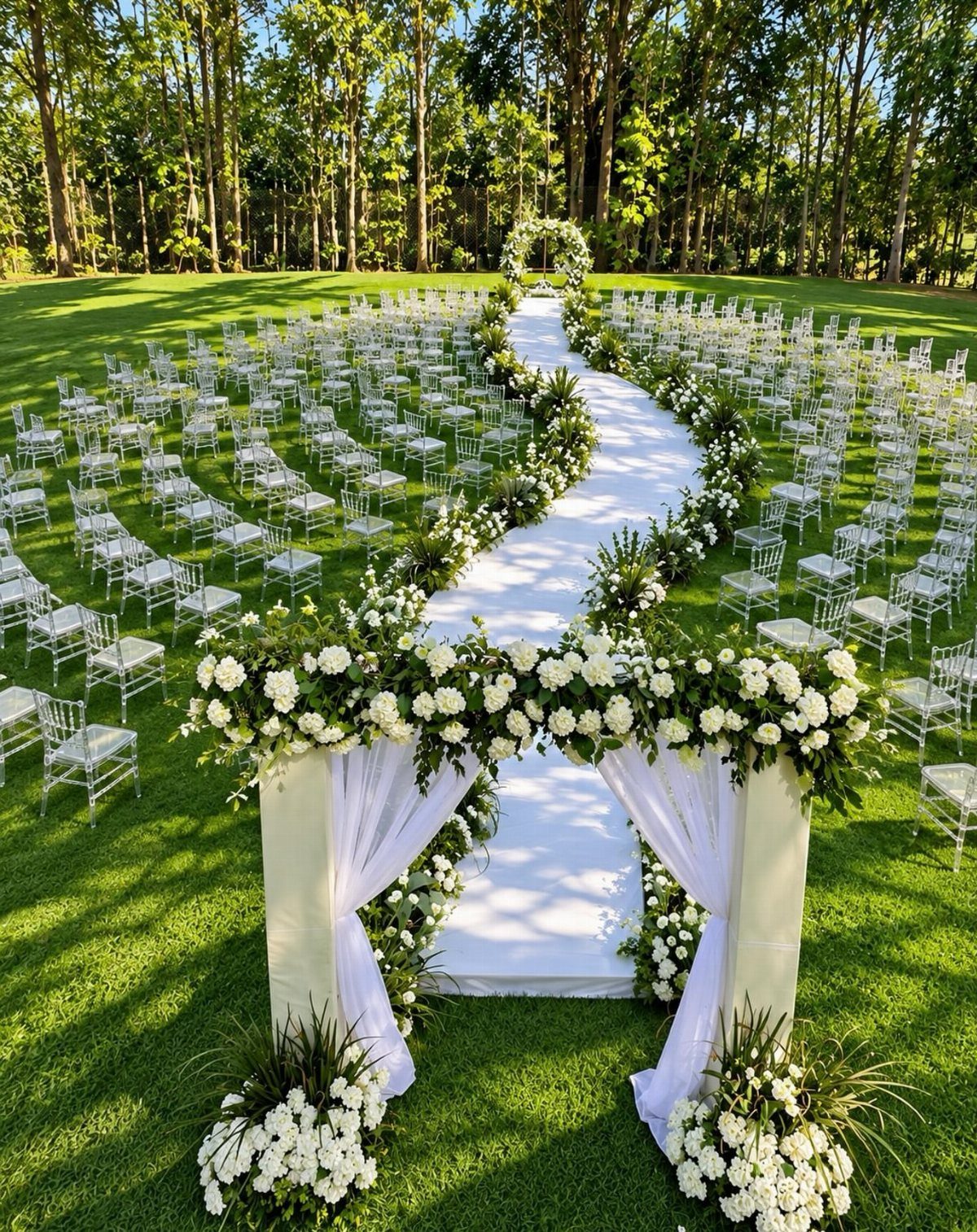 White floral arch and aisle runner with clear chairs on a green lawn