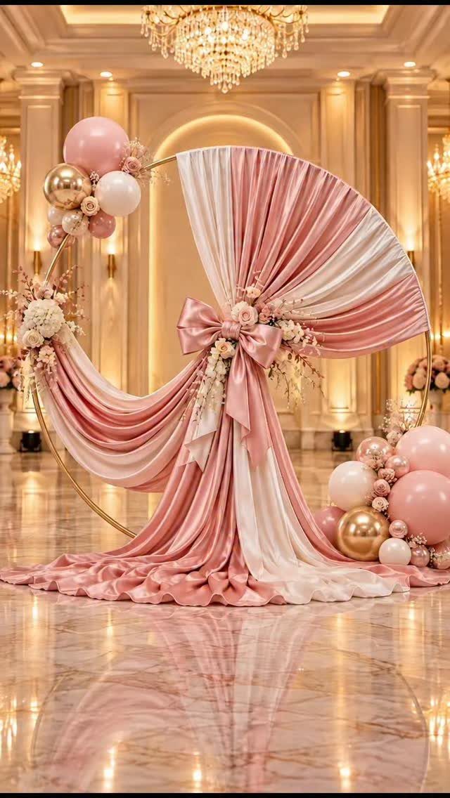 Circular gold wedding arch with pink fabric drapes, white flowers, and balloon clusters.