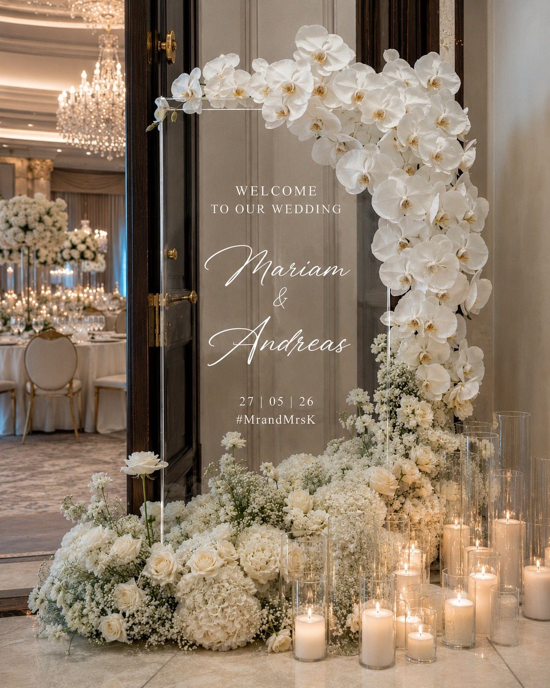 Acrylic wedding welcome sign framed by white orchids and baby's breath with candles.