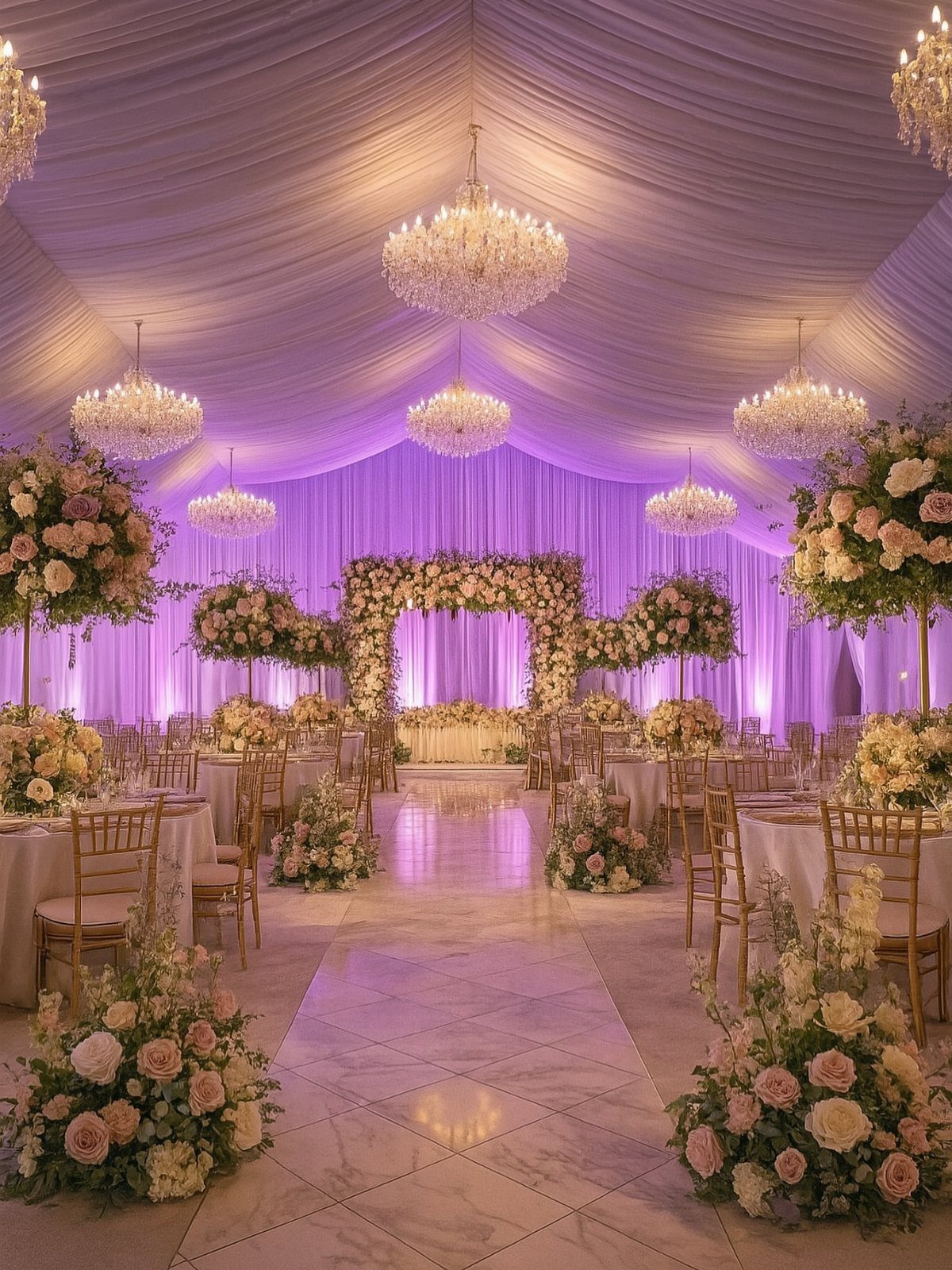 Opulent wedding venue with pink and white floral arrangements, chandeliers, and purple lighting.