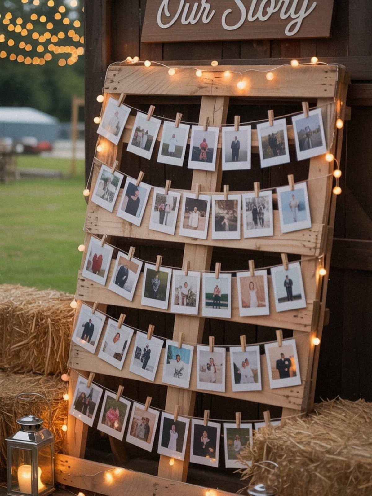 Wooden pallet display with clipped photographs and string lights titled Our Story